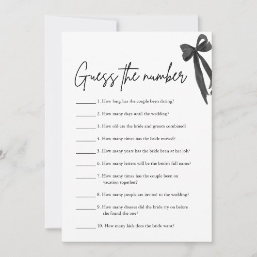 ブラックボウ数字を推測ブライダルシャワーゲーム 招待状 (正面)
