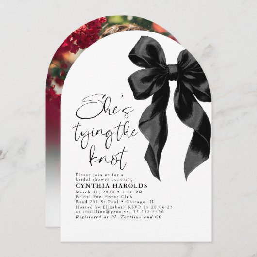 ブラックボウ結び目のブライダルシャワー写真 招待状 (正面/裏面)