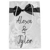 ブラックボウ結婚オンズホワイトダマスク ミディアムペーパーバッグ (正面)