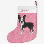 ブラックボストンテリア犬オンピンクハートと名前 スモールクリスマスストッキング (裏面)