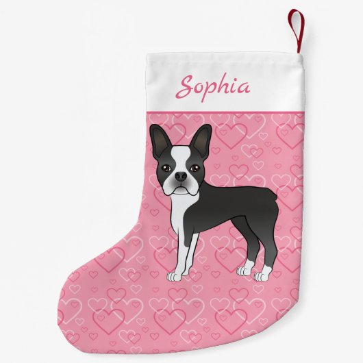 ブラックボストンテリア犬オンピンクハートと名前 スモールクリスマスストッキング (裏面)