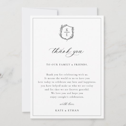 ブラックボタニカルクレスト結婚式レセプションテーブル サンキューカード (正面)