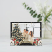 ブラックボタニカルスノーフレーク写真クリスマス シーズンポストカード (スタンド正面)