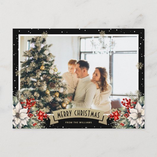 ブラックボタニカルスノーフレーク写真クリスマス シーズンポストカード (正面)