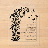 ブラックボタニカルバタフライ結婚アーチズ アクリル招待状 (正面)