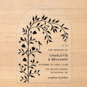 ブラックボタニカルバードアー結婚チーズ アクリル招待状 (正面)