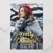 ブラックボタニカルプリント写真とメリークリスマス 箔招待状 (正面)