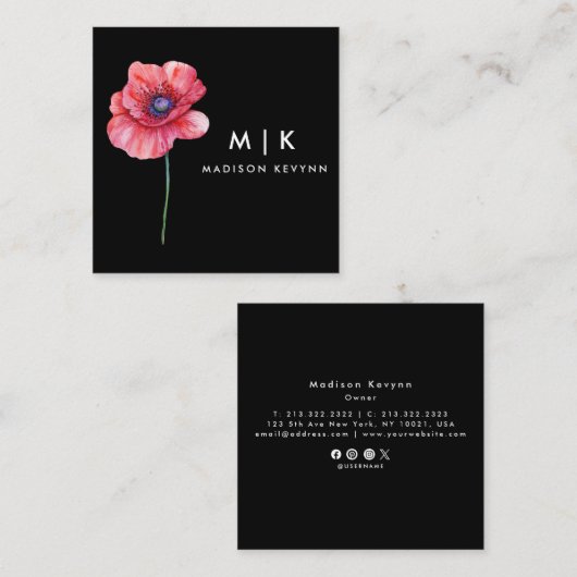 ブラックボホウォーター色ワイルドフラワーフローラデザイナー スクエア名刺 (正面/裏面)