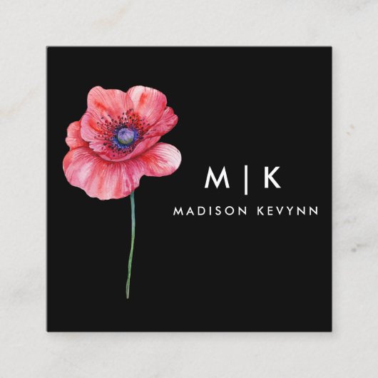 ブラックボホウォーター色ワイルドフラワーフローラデザイナー スクエア名刺 (正面)