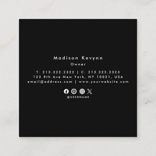 ブラックボホウォーター色ワイルドフラワーフローラデザイナー スクエア名刺 (裏面)