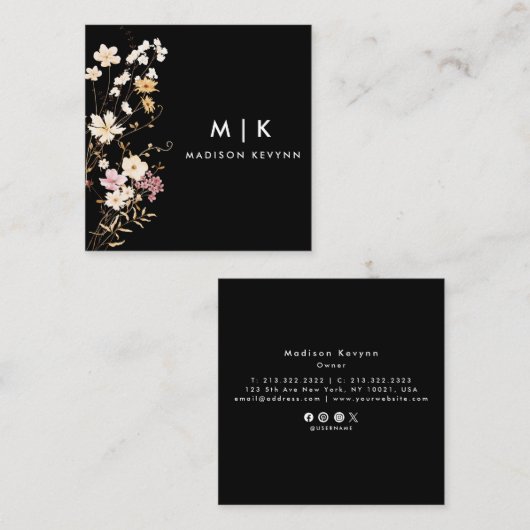 ブラックボホウォーター色ワイルドフラワーフローラデザイナー スクエア名刺 (正面/裏面)