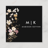 ブラックボホウォーター色ワイルドフラワーフローラデザイナー スクエア名刺 (正面)