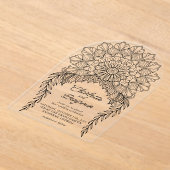 ブラックボホマンダラリーフィーつる植物結婚ズ アクリル招待状 (レイダウン)