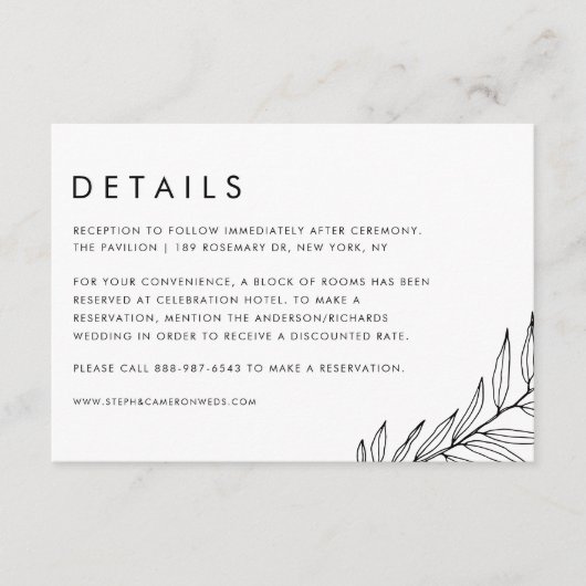 ブラックボホミニマリスト結婚の葉の詳細 エンクロージャーカード (正面)