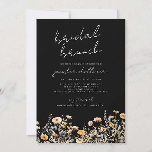 ブラックボホワイルドフラワーエレガントブライダルシャワーブランチ 招待状 (正面)