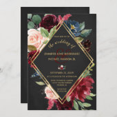 ブラックボホ結婚のブルゴーニュ金ゴールドフローラ 招待状 (正面/裏面)