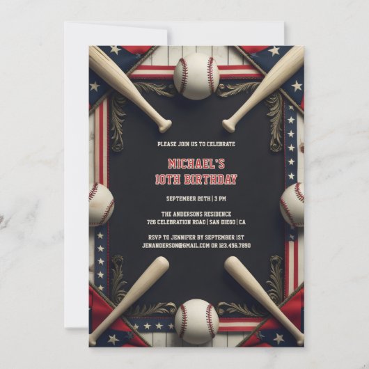 ブラックボーイズモダンズスポーツ野球誕生日パーティー 招待状 (正面)