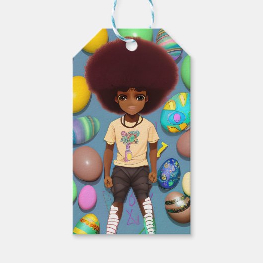 ブラックボーイメラニンブルーイースターエッグ狩りバスケット ギフトタグ (正面)