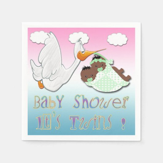 ブラックボーイ&ガールツインズ – ストークベビーシャワー紙 スタンダードカクテルナプキン (正面)