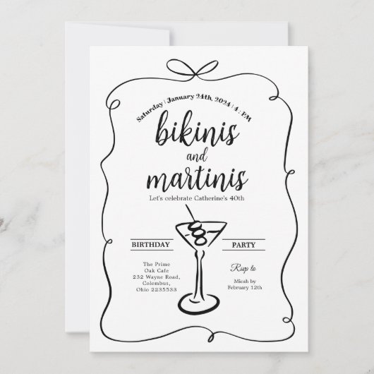 ブラックボーエレガントビキニスアンドマルティーニ誕生日 招待状 (正面)