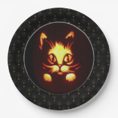 ブラックボーダーイエローオレンジハロウィン白熱［赤熱］光を放つ猫 ペーパープレート (正面)