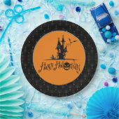 ブラックボーダーハッピーハローウィン幽霊のよく出るハウス ペーパープレート (パーティー)