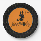ブラックボーダーハッピーハローウィン幽霊のよく出るハウス ペーパープレート (正面)