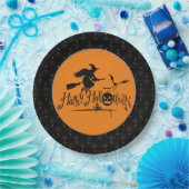 ブラックボーダーハッピーハローウィン魔女とこうもり ペーパープレート (パーティー)