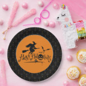 ブラックボーダーハッピーハローウィン魔女とこうもり ペーパープレート (パーティー)