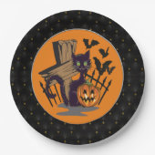 ブラックボーダーブラックキャットトンムストーンこうもりハロウィーン ペーパープレート (正面)