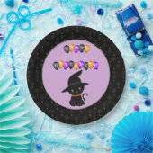 ブラックボーダーブラックキャットハッピーハローウィンバルーン ペーパープレート (パーティー)