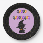 ブラックボーダーブラックキャットハッピーハローウィンバルーン ペーパープレート (正面)
