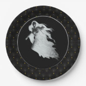 ブラックボーダーレディーインホワイト幽霊ハロウィーン ペーパープレート (正面)