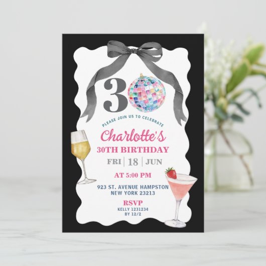 ブラックボーディスコボールカクテルティース誕生日 招待状 (スタンド正面)