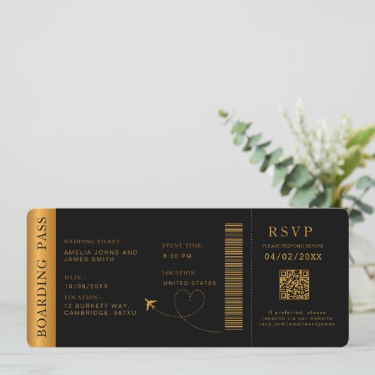 ブラックボーディングパス宛先ウェディングQRコード 招待状 (スタンド正面)