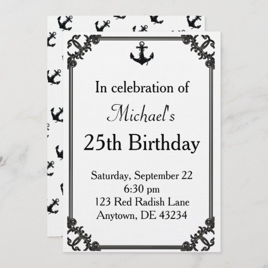 ブラックボートアンカー誕生日 招待状 (正面/裏面)