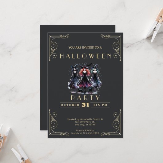 ブラックボードの黒とゴールドの魔女たちとコウモリのハロウィン 招待状 (正面/裏面インサイチュ)