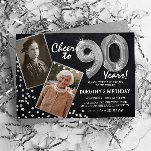 ブラックボードシルバーバルーン 2枚の写真 90歳の誕生日 招待状