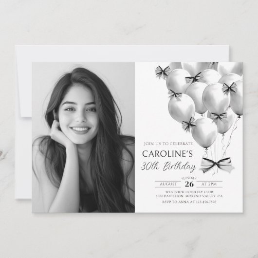 ブラックボーバルーン誕生日フォト招待状 招待状 (正面)