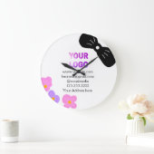 ブラックボーピンクパープルフローラを追加ロゴのビジネス詳細 ラージ壁時計 (ホーム)