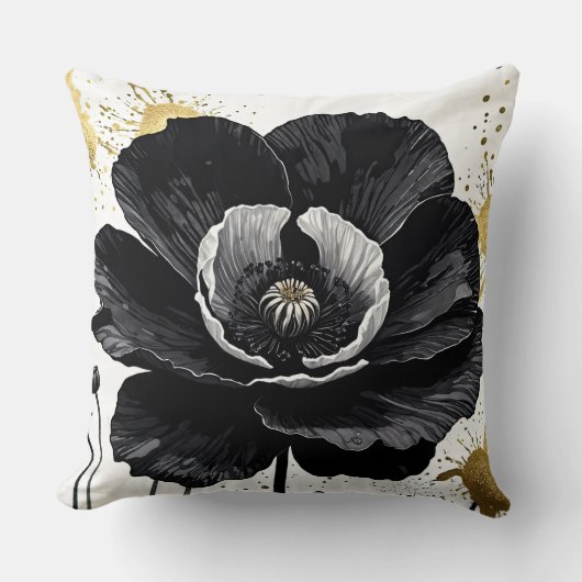 ブラックポピーと金ゴールド（ばちゃばちゃ）跳ねる クッション (正面)