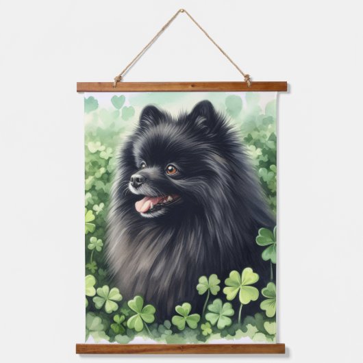 ブラックポメラニア犬ウォーターカラーSt patricks day 吊り下げ型タペストリー (正面)