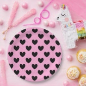 ブラックポルカハートオンコットンキャンディピンク ペーパープレート (パーティー)