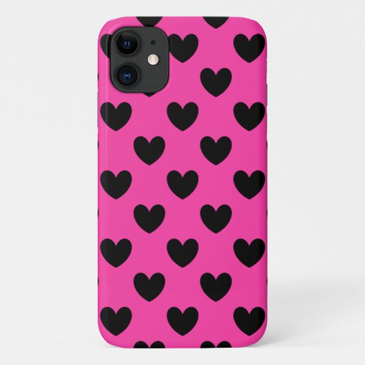 ブラックポルカハートオン明るい赤紫色ピンク Case-Mate iPhoneケース (裏面)