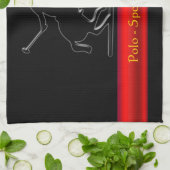 ブラックポロポニーとライダーレッドクロムルックストライプ キッチンタオル (折り畳み)