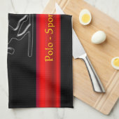 ブラックポロポニーとライダーレッドクロムルックストライプ キッチンタオル (四つ折り)