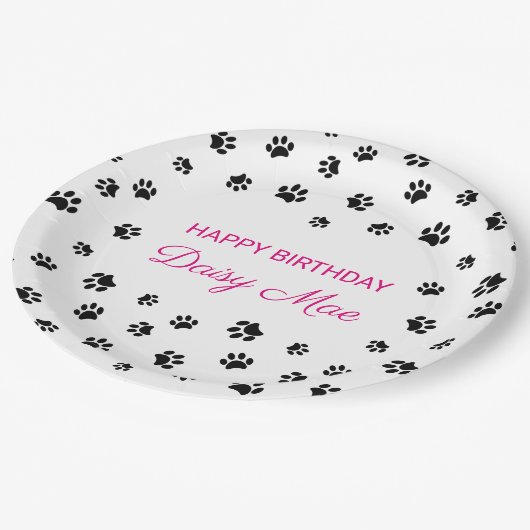 ブラックポープリントピンクカスタム色のペット誕生日パーティー ペーパープレート (アングル)