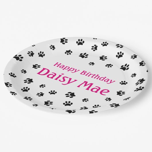 ブラックポープリントピンクカスタム色のペット誕生日パーティー ペーパープレート (アングル)