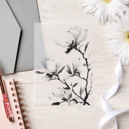 ブラックマグノリアモダンボタニカルイ結婚ンク ベラム紙招待状 (ウェディング)