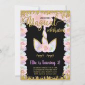 ブラックマジカルグリッターユニコーン誕生日招待状 招待状 (正面)